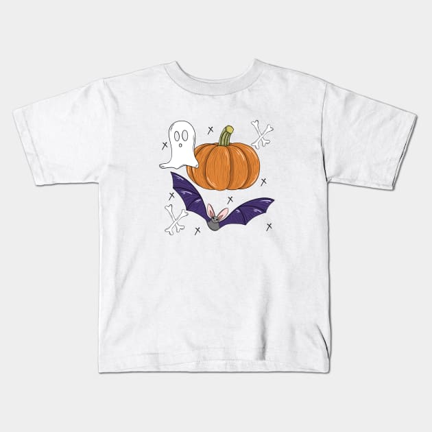 Fun Halloween pumpkin, bats, bones, ghost illustration Kids T-Shirt by Ieva Li ART